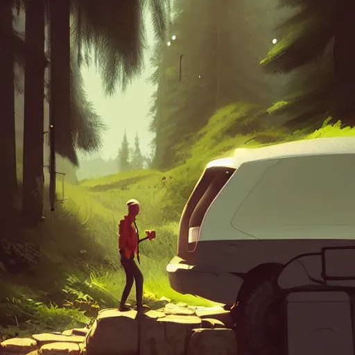 Image similar to ilustration hiker unloading the car before camping, characterized by roman shipunov, etienne hebinger, atey ghailan, cgsociety, cynical realism, fantasy art, 2 d game art