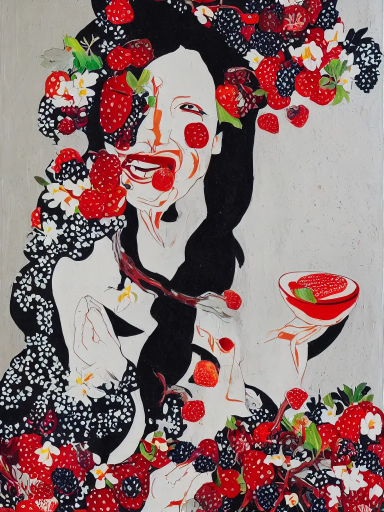 Image similar to “art in an Australian artist’s apartment, portrait of a woman wearing white cotton cloth, eating luscious fresh raspberries and strawberries and blueberries, Australian Aboriginal and Japanese stylistic influences, white wax, edible flowers, Japanese pottery, ikebana, black walls, acrylic and spray paint and oilstick on canvas”