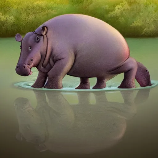 Prompt: very sad hippo waking up in a beautiful river landscape, birds flying, sunrise, drawn by brigette barager, intricate details, beautiful shading, emotional, trending on artstation
