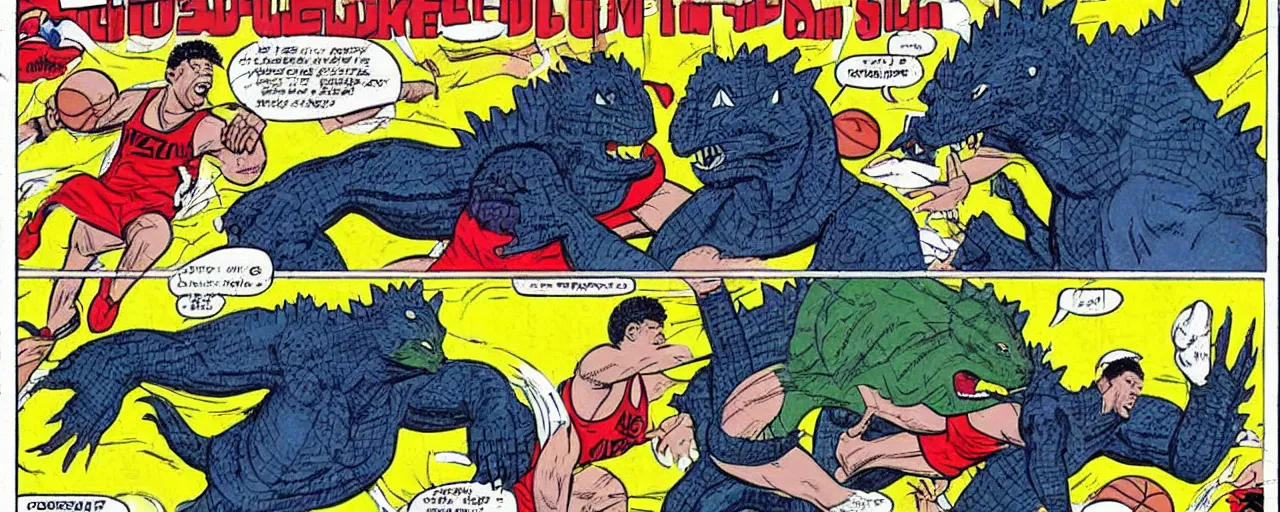 Prompt: godzilla slam dunking basketball on shaquille o'neil, marvel comic, 1 9 6 0's style, comic strip