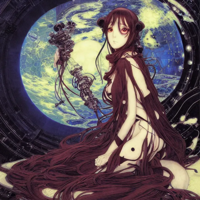 Prompt: Albedo from overlord, mamimi samejima, psychedelic background, epcot, inside a space station, eye of providence, female anime character, Lain, uwu, uwu, Luminism, Tomas Sanchez, Romanticism, Ayami Kojima, Amano, Karol Bak, Greg Hildebrandt. art by Takato Yamamoto. masterpiece, surrealism, by John William Waterhouse Beksinski Finnian MacManus Ruan Jia, uwu Hi-Fructose, Artstation, HD, HDR, High Resolution, 1024x1024, technological rings, giygas, demon souls, bloodborne boss