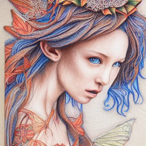 Image similar to Colored pencil art on paper, Wood Fairy, highly detailed, artstation, Caran d'Ache Luminance