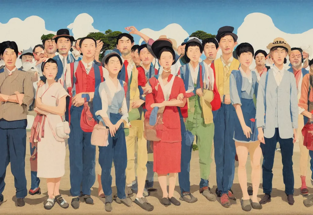 Prompt: full body portrait of a group, a row of a several european tourists standing with a variety of poses and props, several character designs, rural japan, a detailed painting, in the style of wes anderson, lola dupre, david hockney, isolated on negative white space background dark monochrome neon spraypaint accents volumetric octane render