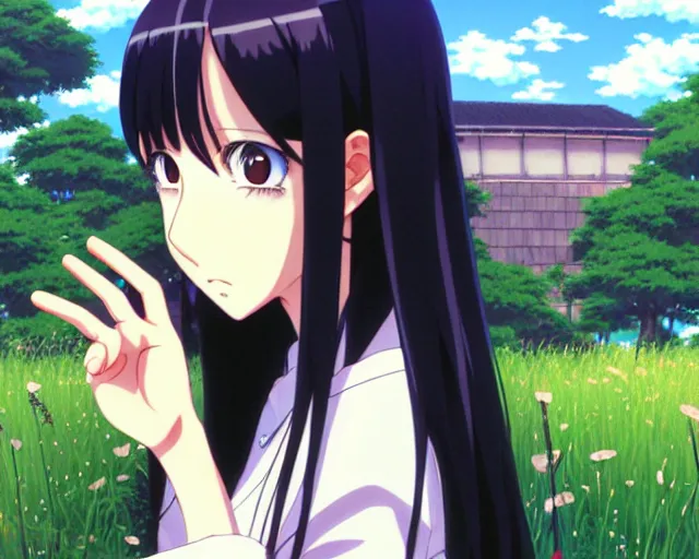 Image similar to beautiful anime girl with long black hair and bangs, beautiful anime guy with black hair, wearing black clothes, siblings, fine details portrait, japense village in background, bokeh. anime masterpiece by Studio Ghibli. illustration, sharp high-quality anime illustration in style of Ghibli, Ilya Kuvshinov, Artgerm