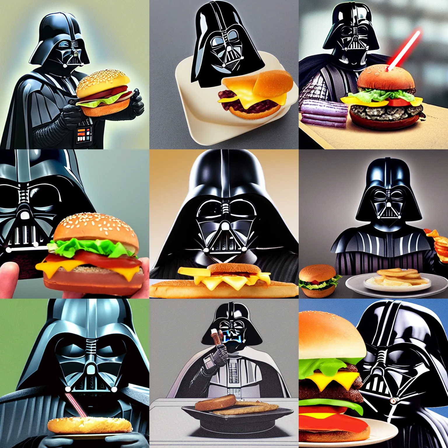 Prompt: Darth Vader eating a cheeseburger, photo realistic, award-winning, highly-detailed