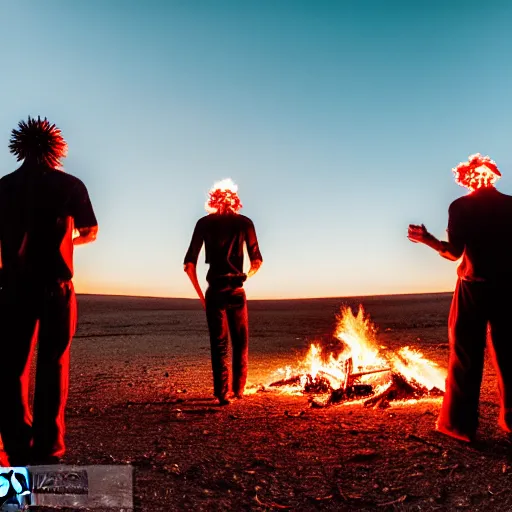 Image similar to photograph of three ravers photographed from behind, talking around a fire, photorealistic, dancefloor kismet, diverse costumes, clean composition, desert transition area, bonfire, night, australian desert, xf iq 4, symmetry, sony a 7 r, 1 5 0 mp, 5 0 mm