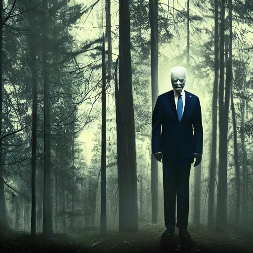 Image similar to joe biden as slenderman in forest, creepy joe biden, tall trees, night, creepy, horror, movie still, cinematic lighting, ray tracing, octane render, long lens, shallow depth of field, bokeh, anamorphic lens flare, 8 k, hyper detailed, 3 5 mm film grain