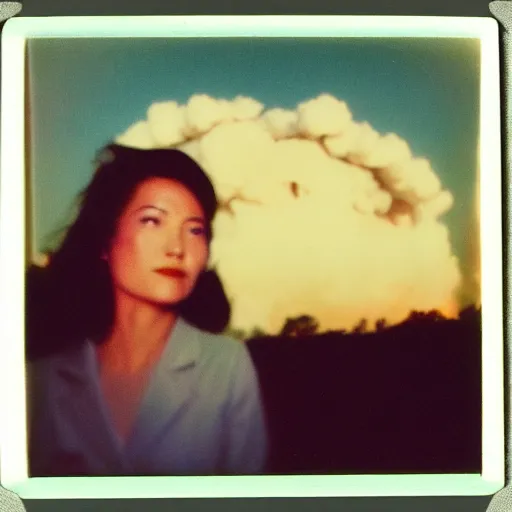 Prompt: vintage polaroid of a beautiful woman watching a nuclear explosion, detailed clouds, warm azure tones, red color bleed, film grain