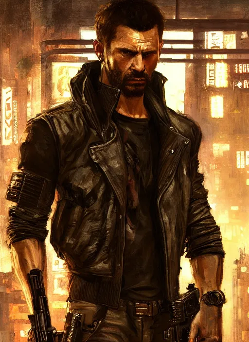 Image similar to max payne. cyberpunk mercenary in a military vest ( blade runner 2 0 4 9, cyberpunk 2 0 7 7 ). orientalist portrait by john william waterhouse and james gurney and theodore ralli and nasreddine dinet, oil on canvas. cinematic, hyper realism, realistic proportions, dramatic lighting, high detail 4 k