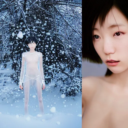 Image similar to a instax photo of fuji mountain, a tall japanese girl in a transparent sheer fabric dress against the background of fuji mountain, severe snow, full body shot, perfect symmetrical body, perfect symmetrical face, coherent symmetrical eyes, by peter kemp, by monia merlo, hyperrealistic, hyperdetailed, octane render, 8 k