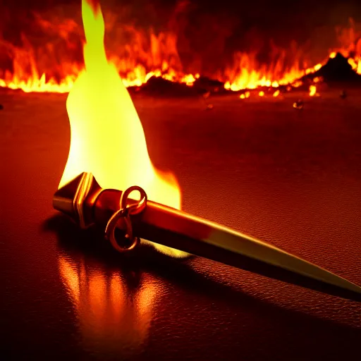 Prompt: full shot of dagger with cross and burning background, end of the world, fire, appocalypse, devastation, suffering, horror, dark, unsettling, photorealistic, fluid dynamics, realistic octane render, hyperreal