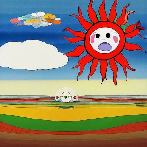 Prompt: sun shining through clouds, Takashi Murakami, Minimalist,