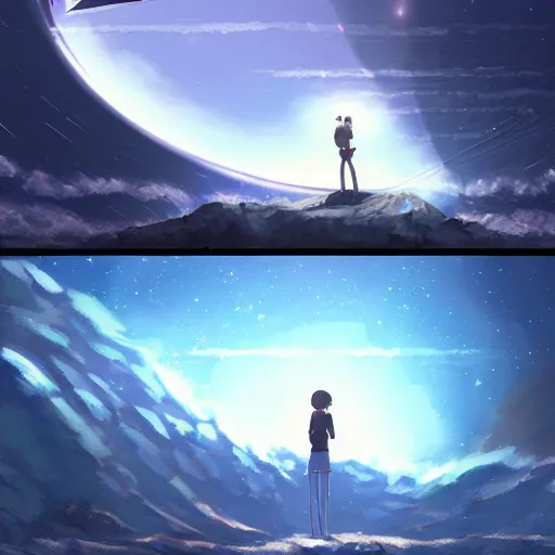 Image similar to two people stuck on an asteroid orbiting a black hole trending on art station makoto shinkai