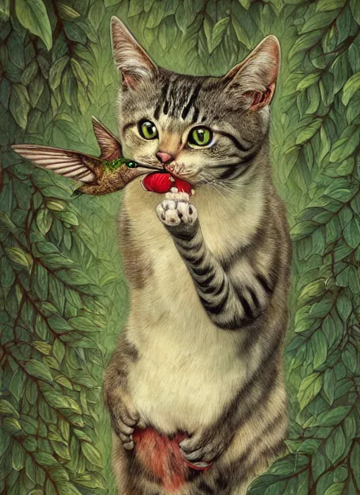 Image similar to a hyper realistic illustrated cat with playing with a hummingbird on its paw in the woods gorgeous lighting, k _ lms lush forest foliage painting by chiara bautista and beksinski and norman rockwell and greg rutkowski weta studio, and lucasfilm