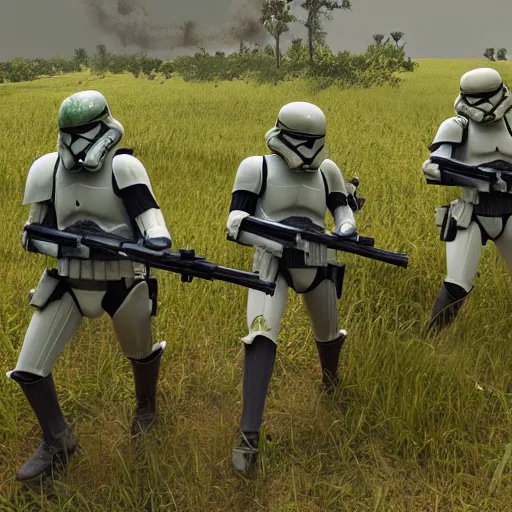 Image similar to star wars clone troopers combat soldiers in vietnam, photo, old picture, lush landscape, jungle, firearms, explosions, helicopters, aerial combat, active battle zone, flamethrower, air support, jedi, land mines, gunfire, violent, star destroyers, star wars lasers, sci - fi, jetpacks, agent orange, bomber planes, smoke, trench warfare