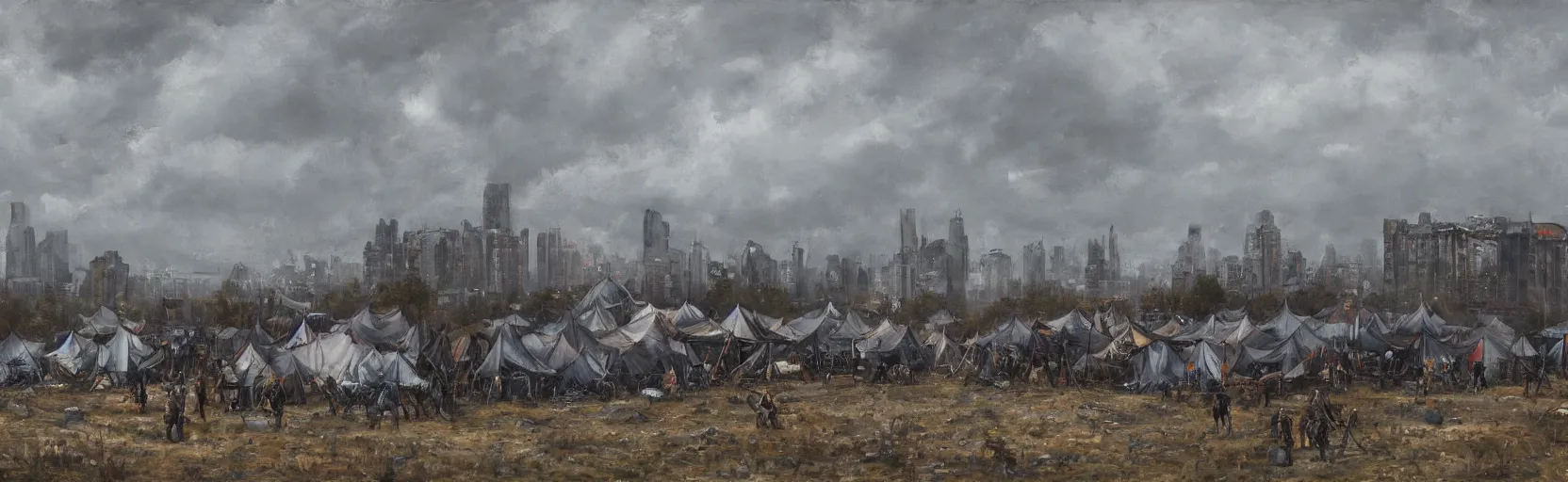 Image similar to cloudy, grey skies, american horseback knights, tent camp in foreground, fortress city of deteriorating office buildings in background upon hill, post apocalyptic, grungy; oil on canvas, artstation