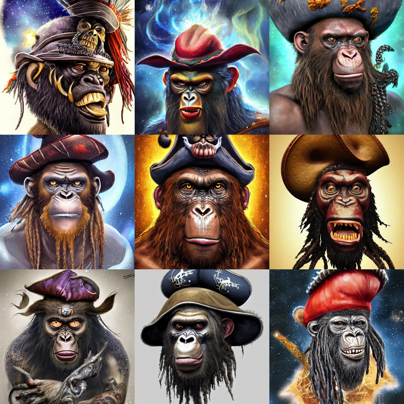 Prompt: a wlop 3 d render of very very very very highly detailed beautiful mystic portrait of a angry voodoo ape pirate in a hat with whirling galaxy around, tattoos by anton pieck, intricate, extremely detailed, digital painting, artstation, concept art, smooth, sharp focus, illustration, intimidating lighting, incredible art,