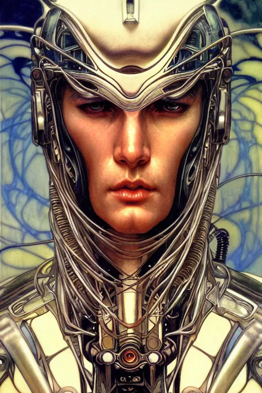 Prompt: realistic detailed face portrait of one stunning handsome futuristic amazon with element of alien cyberpunk armor by ayami kojima, amano, greg hildebrandt, alphonse mucha, and mark brooks, male, masculine, art nouveau, cyberpunk, neo - gothic, gothic, character concept design,