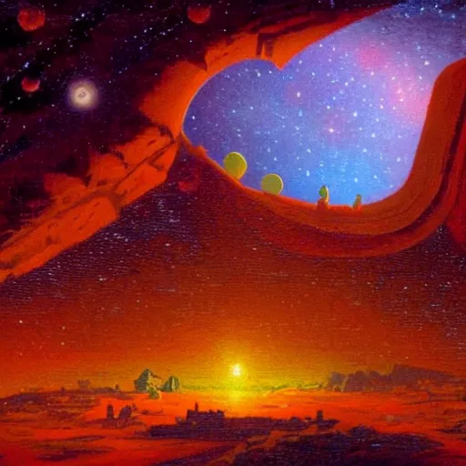 Image similar to a village hanging off a cliff on mars, earth in the background, starry nebula, by paul lehr,