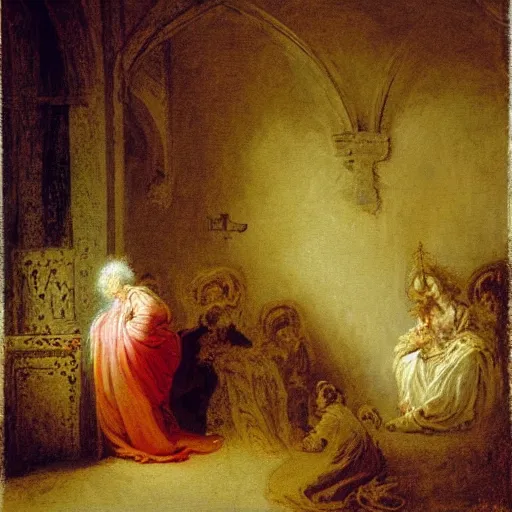 Prompt: a story about a witch begging for her life in a church, by jean honore fragonard,