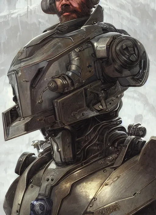 Prompt: Portrait of Peter Kropotkin with a long beard wearing futuristic power armor, sci-fi, intricate, highly detailed, digital painting, trending on artstation, sharp focus, illustration, style of Stanley Artgerm and Greg Rutkowski and Dan Mumford