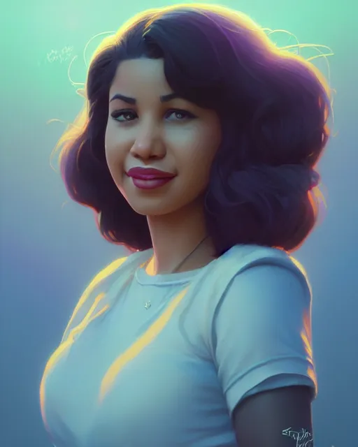 Image similar to highly detailed vfx portrait of selena quintanilla perez by stephen bliss, chalk, unrealengine, greg rutkowski, loish, rhads, beeple, chalk, makoto shinkai and lois van baarle, ilya kuvshinov, rossdraws, tom bagshaw, basil gogos