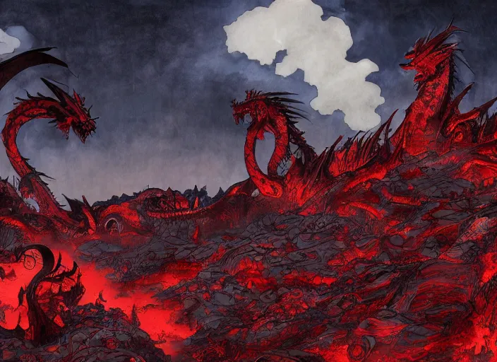 Prompt: a landscape of the hell by takeshi obata and mike mignola, hell, dragons, red and black colors, colors, abandoned buildings, trees with faces, night sky, highly detailed, cgsociety, artstation, very detailed