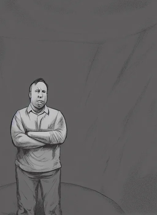 Prompt: sad alex jones surrounded in a dark murky room, highdetailed illustration