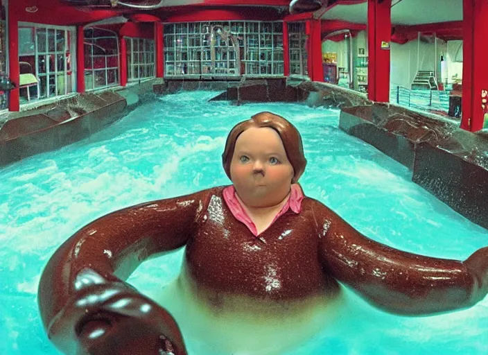 Prompt: grainy security cam footage still of Augustus Gloop in the chocolate river at Willy Wonka's Chocolate Factory, extreme wide angle