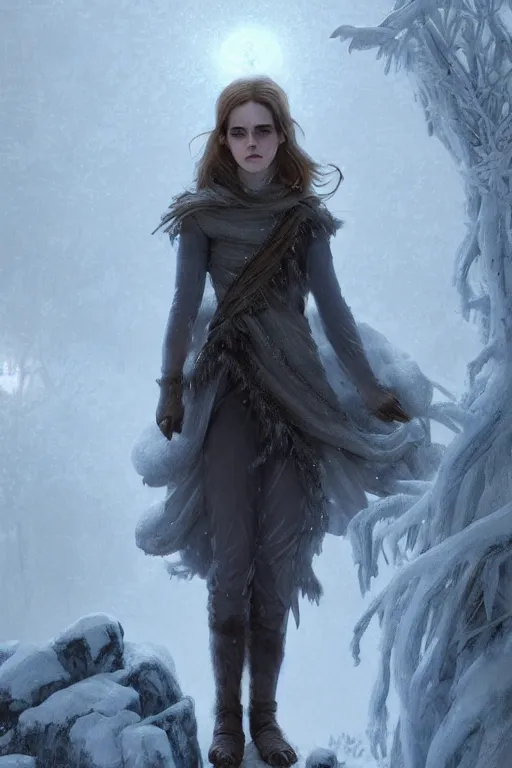 Image similar to emma watson goddess of the winter twilight, highly detailed, digital painting, artstation, concept art, smooth, sharp focus, illustration, unreal engine 5, 8 k, art by artgerm and greg rutkowski and edgar maxence