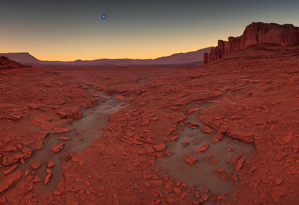 Image similar to a dried up river bend running through a canyon surrounded by desert mountains at sunset on mars, planet mars, moab, utah, a tilt shift photo by frederic church, trending on unsplash, hudson river school, photo taken with provia, national geographic photo