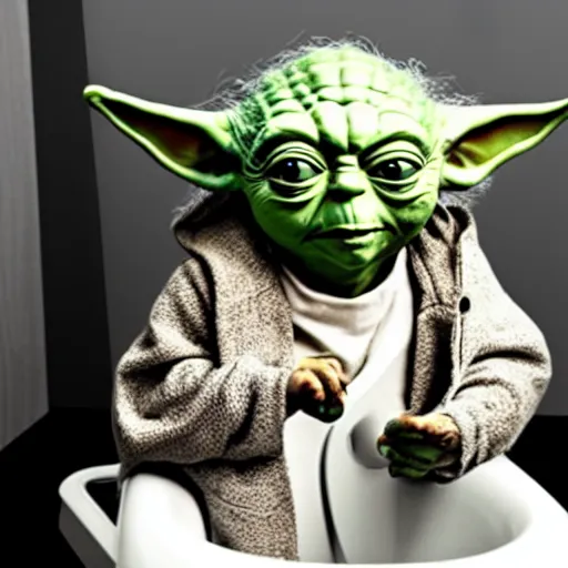 Image similar to yoda sitting on toilet