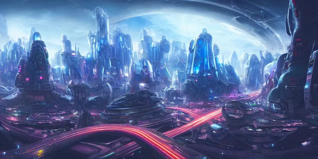 Prompt: futuristic city, street view, flying spaceships, traffic, city lights, global illumination, highly detailed, extremely detailed, sci - fi, fantasy artwork