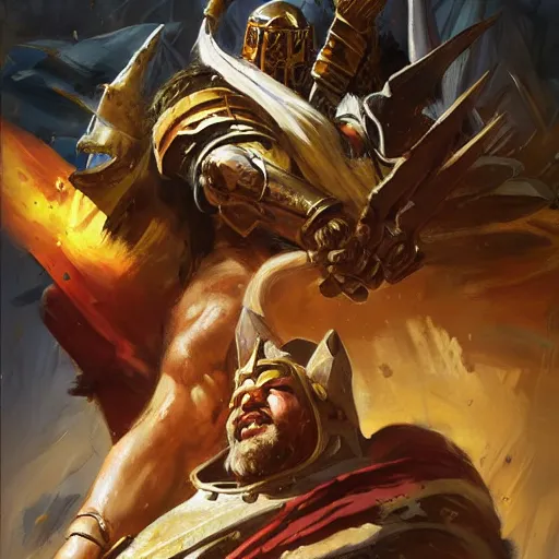 Image similar to greg manchess portrait of battle of horus lupercal and emperor of mankind, epic grimdark, fantasy, medium shot, asymmetrical, profile picture, organic painting, sunny day, matte painting, bold shapes, hard edges, street art, trending on artstation, by huang guangjian and gil elvgren and sachin teng