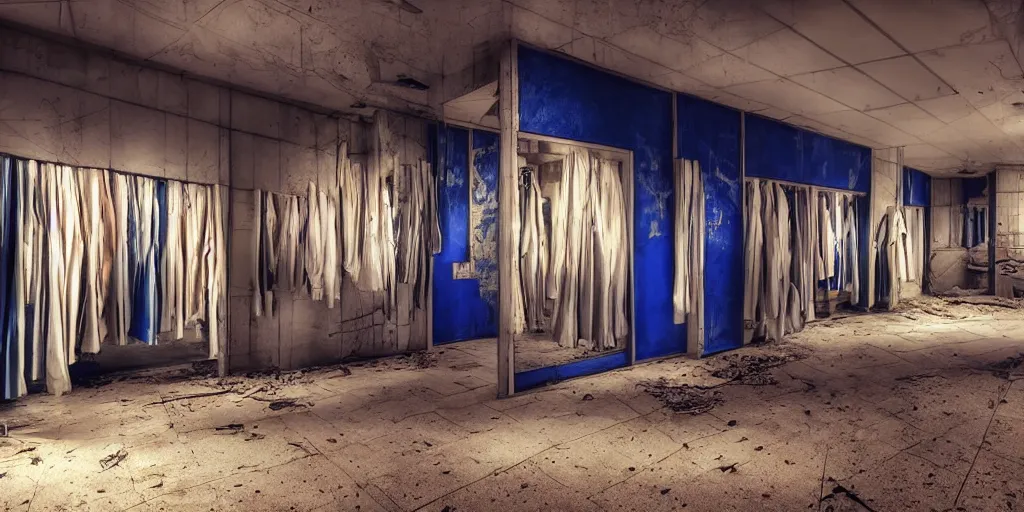 Prompt: eerie abandoned clothing shop in the mall at night, dark, blue lighting, award - winning anime digital art