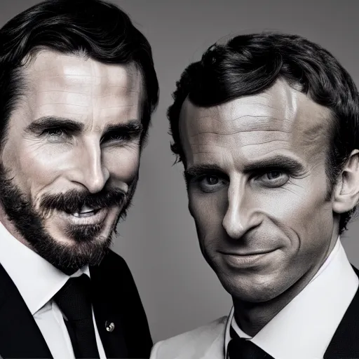 Prompt: Christian Bale and Emmanuel Macron, realistic, photo studio, HDR, 8k, exposed in a museum