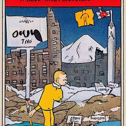 Prompt: comic cover of tintin and snowy in kazakhstan with borat