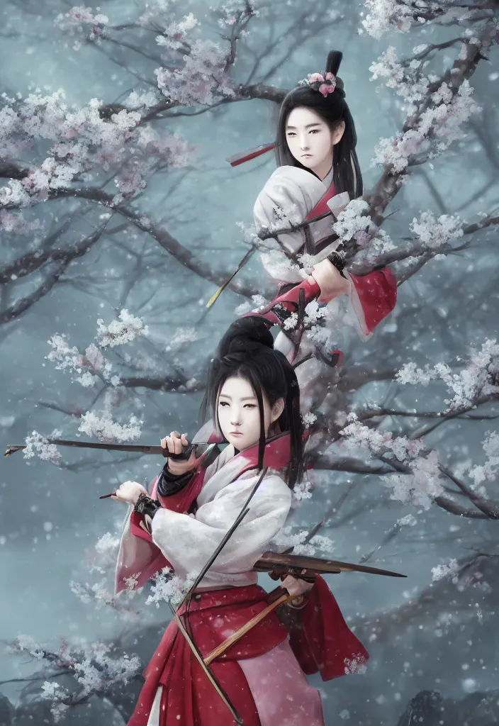 Image similar to detailed matte painting of girl samurai in hakama with swords and rifles, in snow forest sakura cherry blossom, taisho roman, by wlop and krenz kushart, elite, elegant, luxury, perfect face, fine details