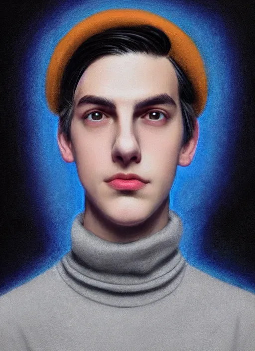 Image similar to portrait of teenage jughead jones wearing a light grey crown, crown, blue turtleneck, 1 9 5 0 s, closed eyes, photorealistic, black hair, glowing lighting, intricate, elegant, glowing lights, highly detailed, digital painting, artstation, concept art, smooth, sharp focus, illustration, art by wlop, mars ravelo and greg rutkowski