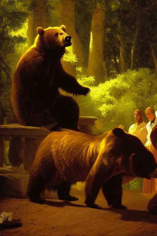 Image similar to portrait of bear gambling in the club by albert bierstadt, wonderful masterpiece by asher brown durand, beautiful cinematic light, by greg manchess, jessica rossier