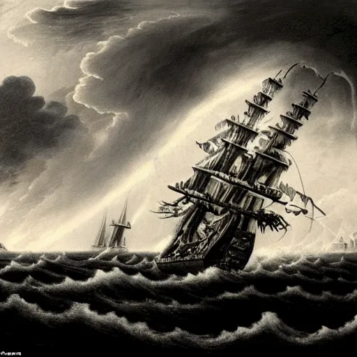 Image similar to a highly detailed scene of a ship being attacked by giant squid tentacles, dark, voluminous clouds, thunder, stormy seas, pirate ship, dark, high contrast