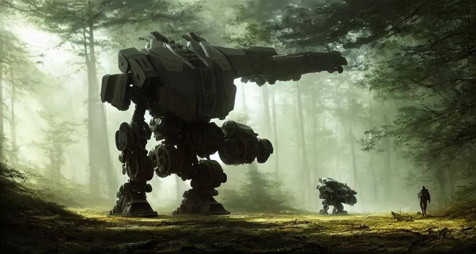 Image similar to hyper realistic sci - fi matte concept art painting of giant battlemech walking through a forest, beautiful details, strong composition painted by kim jung guweta studio rutkowski, james gurney and greg rutkowski, and lucasfilm, smooth, intricate, detailed, sharp focus, cinematic