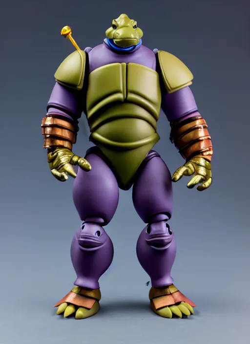 Prompt: Anthropmorphic hippo knight action figure from Micronauts, TMNT, MOTU, symmetrical details, by Hasbro, Playmates Toys, Don Bluth, tfwiki.net photography, product photography, official media