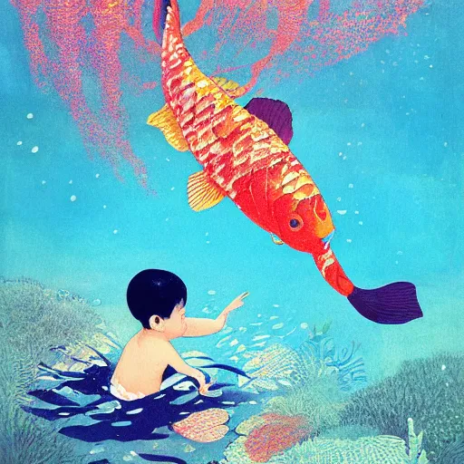 Image similar to giant koi carper in a magical underwater world, little boy sitting on his back oil painting victo ngai