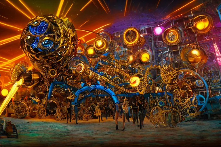 Prompt: scene is burning man festival, portrait photo of a stagediving giant huge golden and blue metal futuristic steampunk robot, with gears and tubes, eyes are glowing red lightbulbs, audience selfie, shiny crisp finish, 3 d render, 8 k, insaneley detailed, fluorescent colors, haluzinogetic, background is multicolored lasershow