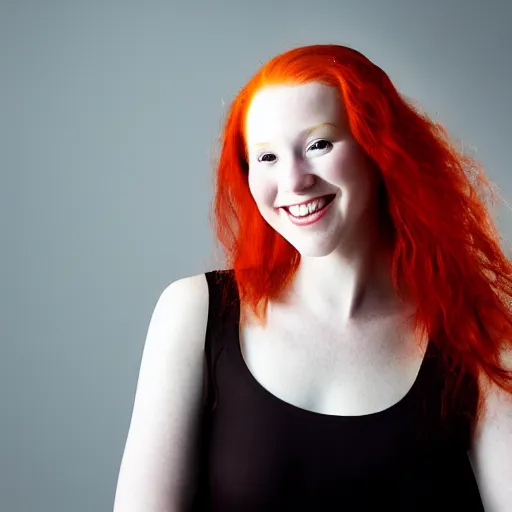 Prompt: artistic photo of a young beautiful woman with red hair looking at the camera, smiling slightly, studio lighting, award winning photo by Annie Liebowitz