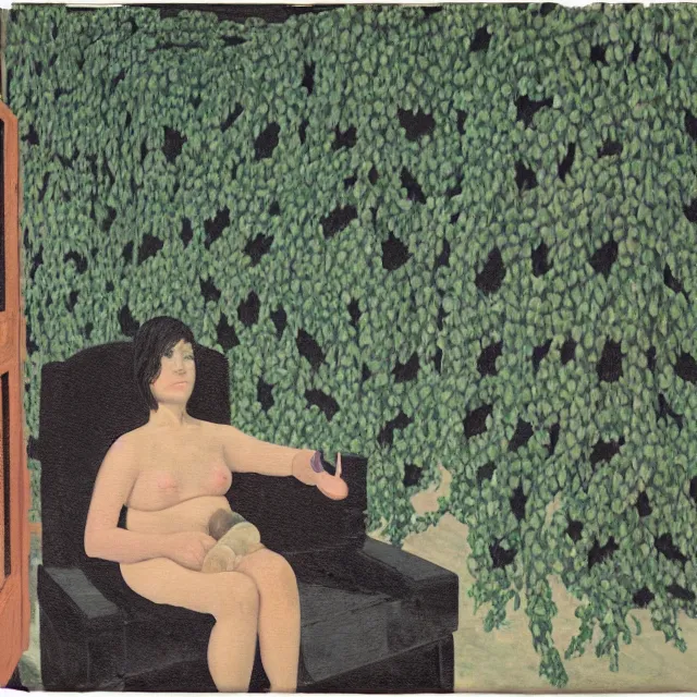 Image similar to a pathology student in her apartment, wrapped in vines, large stones, pig, black walls, ikebana, black armchair, puddles, moss, acrylic on canvas, surrealist, by magritte and monet