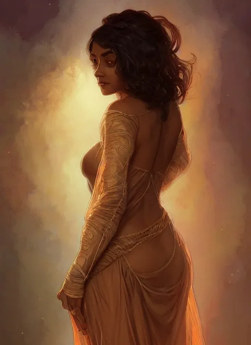 Image similar to cute brown woman wearing a transparent night gown, fantasy, intricate, highly detailed, digital painting, artstation, concept art, wallpaper, smooth, sharp focus, illustration, art by artgerm and greg rutkowski and alphonse mucha