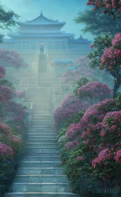 Image similar to vanishing point, palace covered with aqua blue roses like the forbidden city in distance at the red rose royal manor, viewed from afar, stephen bliss, misty, unreal engine, fantasy art by greg rutkowski, loish, ferdinand knab, and lois van rossdraws,, global illumination, radiant light, minimalist, detailed and intricate environment