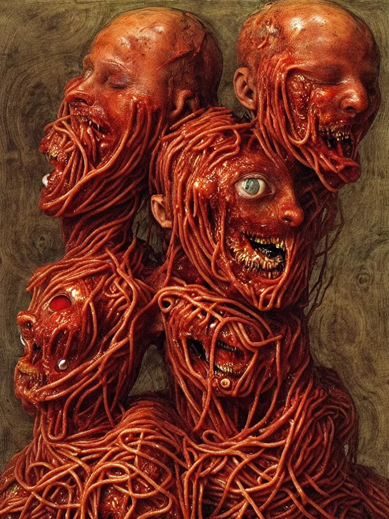 Image similar to siamese twins made of spaghetti and tomato sauce, looking straight into camera, screaming in agony, by giuseppe arcimboldo and ambrosius benson and beksinski, renaissance, intricate and intense oil paint, a touch of hr giger and edward munch, realistic